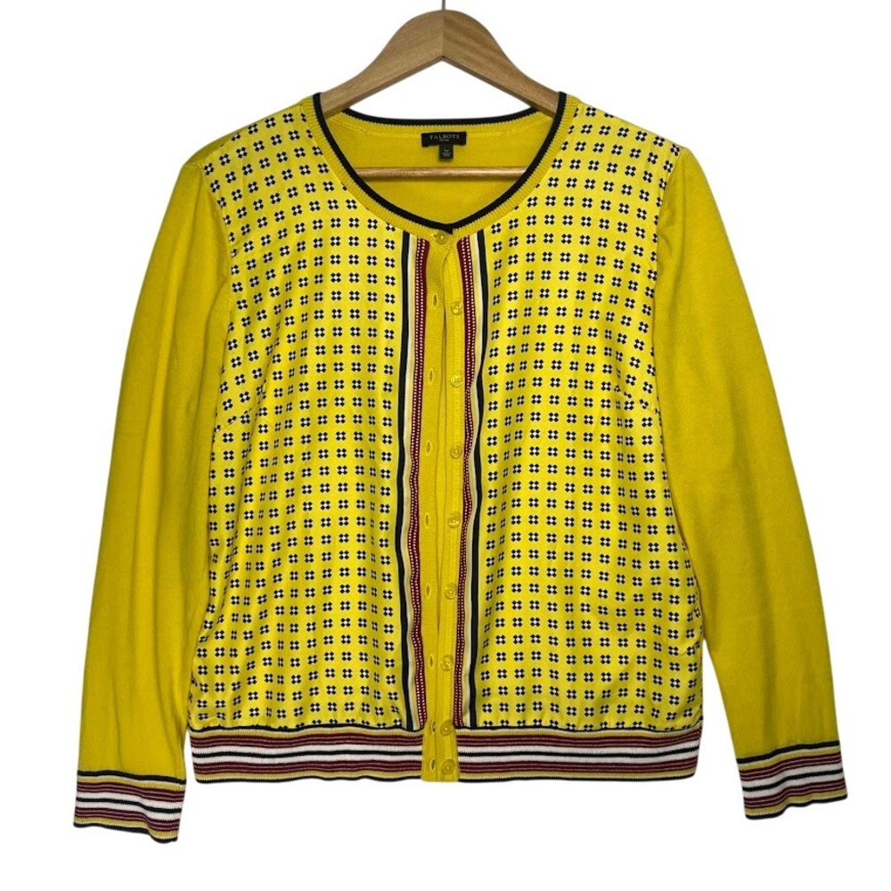 Yellow Cardigan Sweater Large Petite Geometric Print Mixed Media Talbots Petites